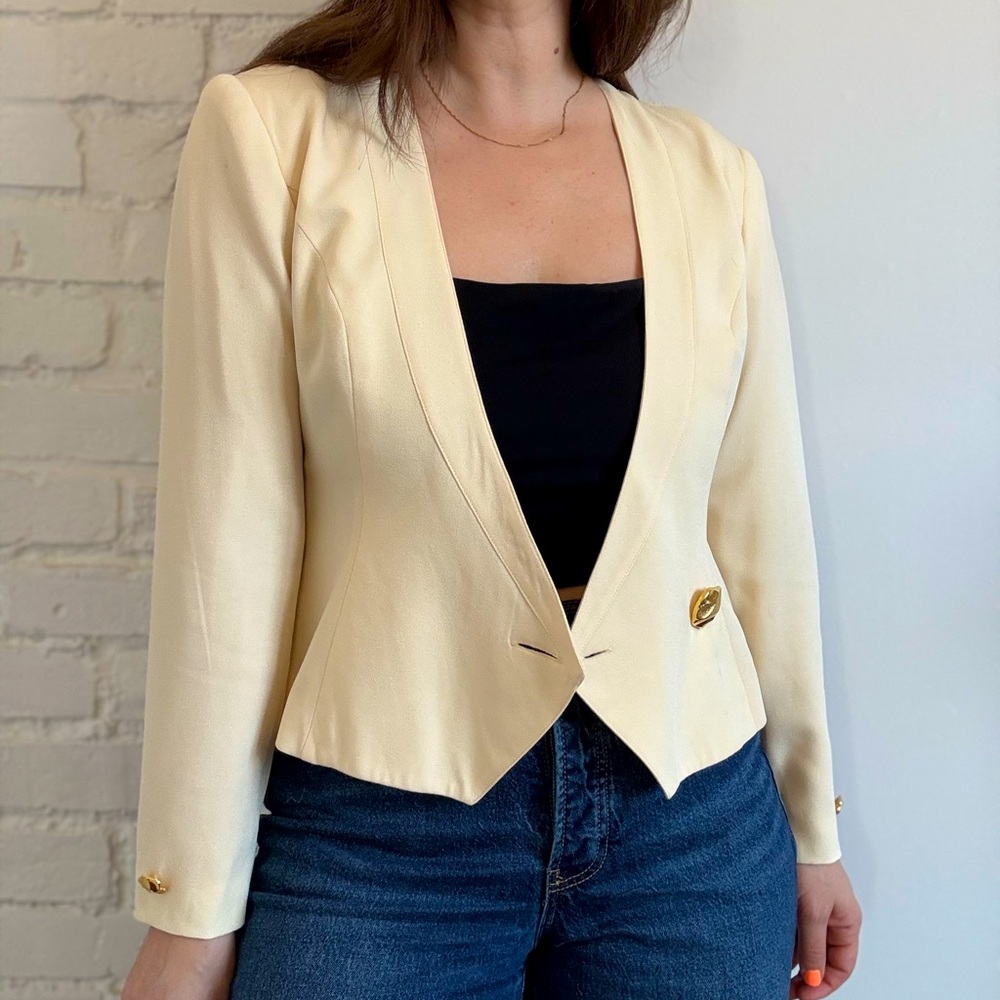 Vintage Butter Yellow & Gold Women's Chiffon Blazer Size Medium